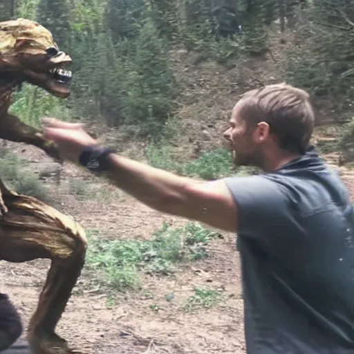 Image similar to a creepy monstrous skinwalker fights paul walker, professional photography