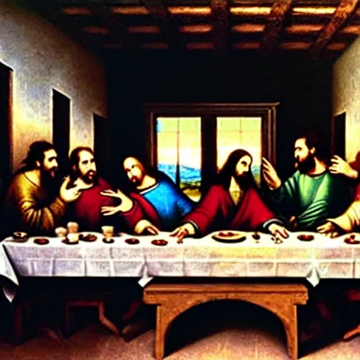 Image similar to the vampires from the show What we do in the shadows in the painting of the last supper by Leonard Da Vinci , photograph, ultrarealistic