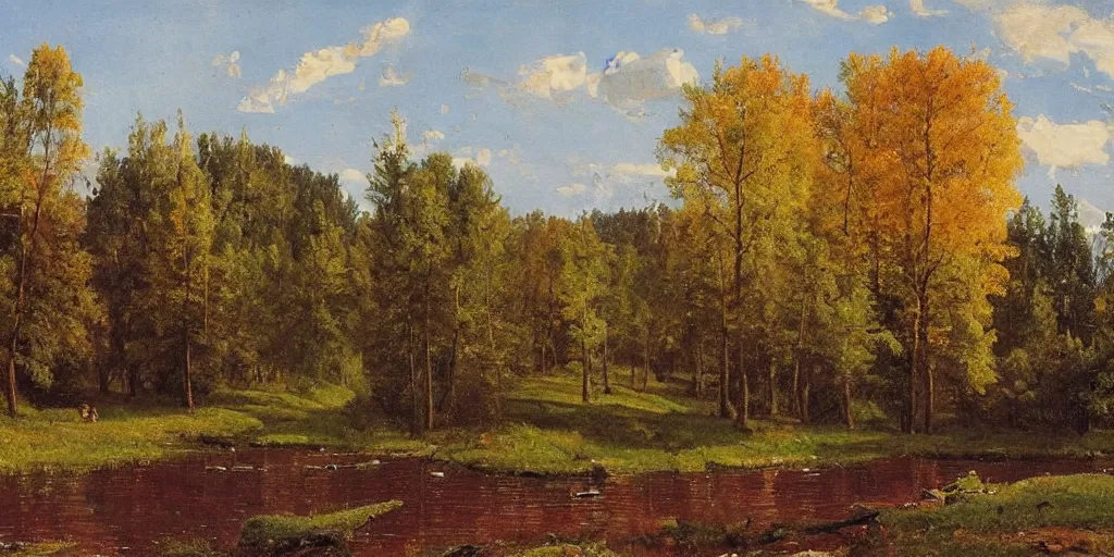 Prompt: winter, summer and autumn landscape, lush field, forest, river, matte painting, by Isaac Levitan and Vasily Perov