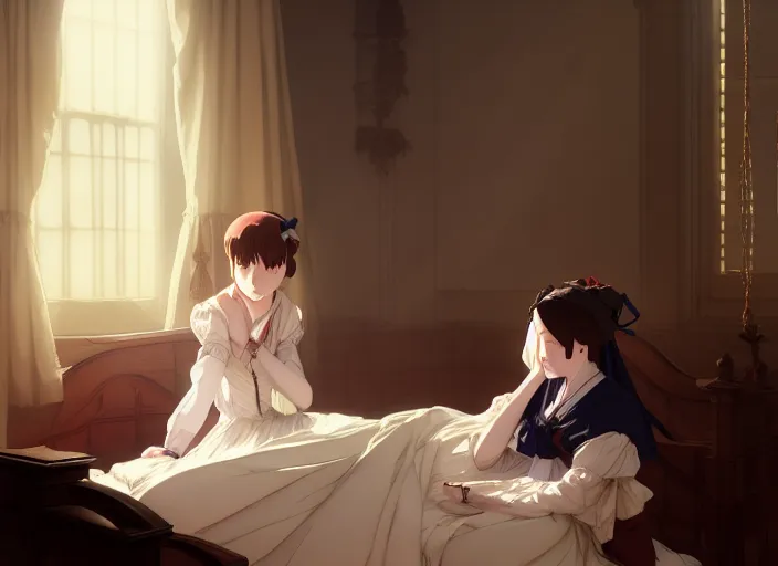 Prompt: victorian britain 1 8 3 6, 1 6 year old florence nightingale, hears the voice of god, in a luxurious english victorian bedroom, finely detailed perfect art, gapmoe yandere grimdark, trending on pixiv fanbox, painted by greg rutkowski makoto shinkai takashi takeuchi studio ghibli