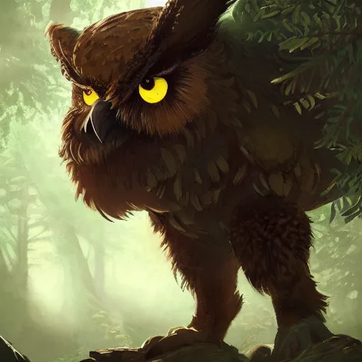 Prompt: three quarter portrait of an owlbear in the forest, d & d, fantasy, greg rutkowski