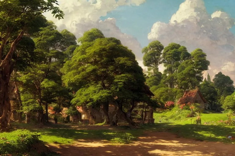 Image similar to a beautiful landscape of a tiny futuristic village in the french countryside during spring season, painting by studio ghibli backgrounds and frederic edwin church hd and louis remy mignot hd, nice spring afternoon lighting, smooth tiny details, soft and clear shadows, low contrast, perfect