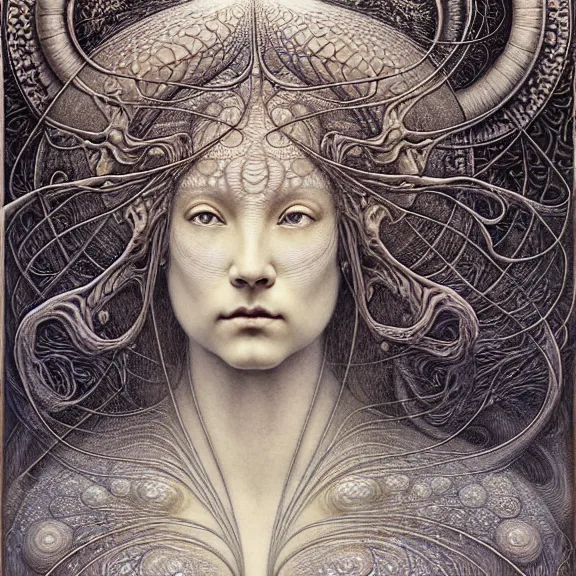 Image similar to detailed realistic beautiful moon goddess face portrait by jean delville, gustave dore, iris van herpen and marco mazzoni, art forms of nature by ernst haeckel, art nouveau, symbolist, visionary, gothic, neo - gothic, pre - raphaelite, fractal lace, intricate alien botanicals, ai biodiversity, surreality, hyperdetailed ultrasharp octane render