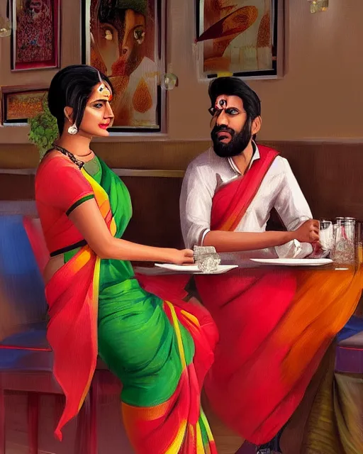 Image similar to a guy and girl on a date in a restaurant, saree, desi, art by salman toor. faithfully depicted facial expression, perfect anatomy, sharp focus, global illumination, radiant light, detailed and intricate environment, trending on artstation