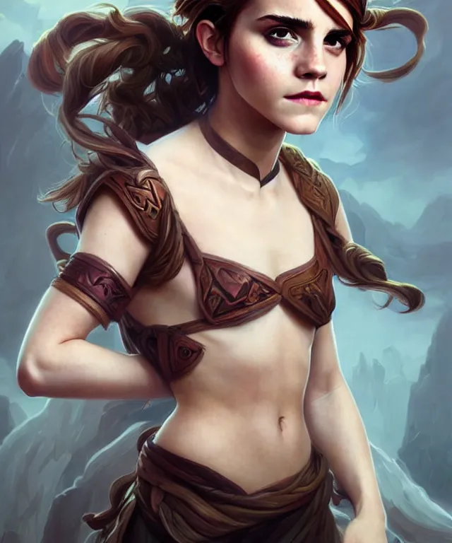 Prompt: Emma Watson as pudge from dota 2, sci-fi, amber eyes, face, long hair, fantasy, intricate, elegant, highly detailed, digital painting, artstation, concept art, smooth, sharp focus, illustration, art by artgerm and greg rutkowski and alphonse mucha