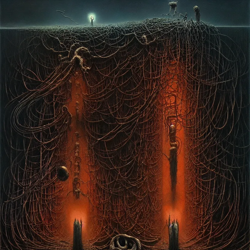 Image similar to a bizarre industrial nightmare full of unspeakable creatures, cosmic horror, by zdzisław beksinski and greg rutkowski and esao andrews and salvador dali, oil on canvas, technology, abstract, surreal, hell, horror, dark, intricate textures