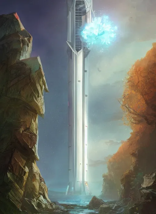 Image similar to A beautiful digital painting of a science fiction tower, crystal lake, by Stanley Artgerm Lau, Rossdraws, James Jean, gerald brom, Andrei Riabovitchev, Marc Simonetti, and Sakimichan, trending on artstation