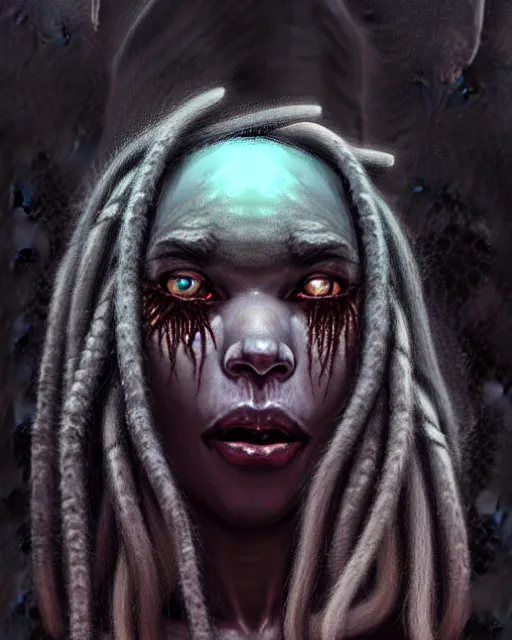 Image similar to sojourn from overwatch, dreadlocks, white hair, african canadian, character portrait, portrait, close up, concept art, intricate details, highly detailed, horror poster, horror, vintage horror art, realistic, terrifying, in the style of michael whelan, beksinski, and gustave dore