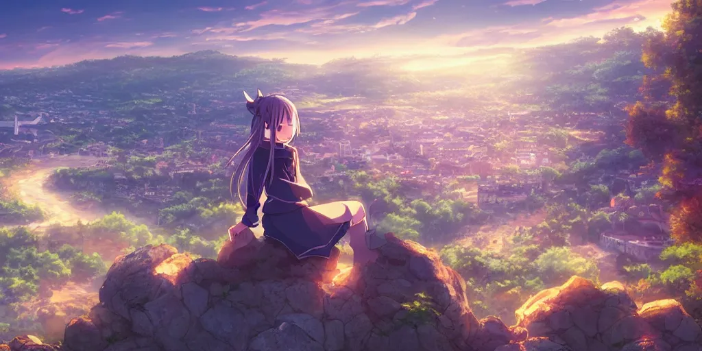 Image similar to isekai masterpiece anime girl sitting on a rock off to the side looking down upon swedish town, during dawn, cinematic, very warm colors, intense shadows, anime illustration, anime screenshot composite background