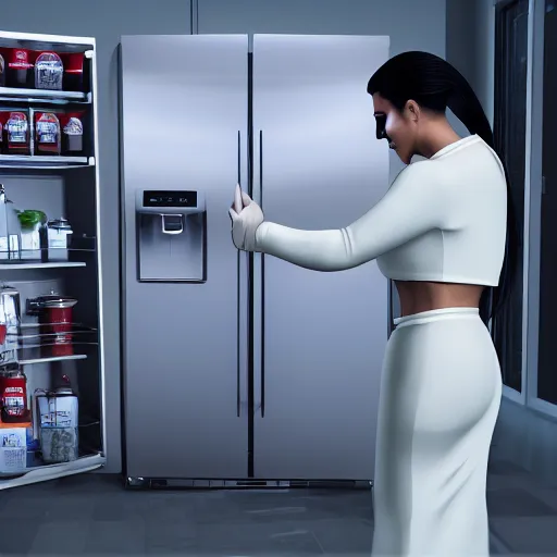 Prompt: kim kardashian fixing a fridge and in a dirty kitchen, 1 9 0 0, photorealist, ultra hd, unreal engine