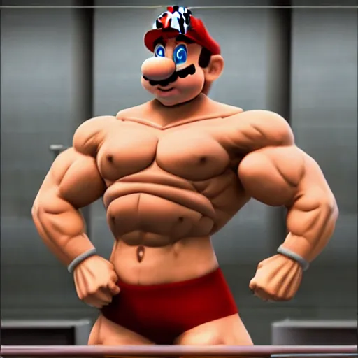 Prompt: Amazing detailed render of a shirtless Super Mario as a body builder in a weight lifting competition, extremely muscular, steroids, veins popping out, lifting a massively oversized weight, a crowd is cheering in the background, 3D, unreal engine, HDR, massive muscles, detailed face with moustache, detailed eyes with pupils