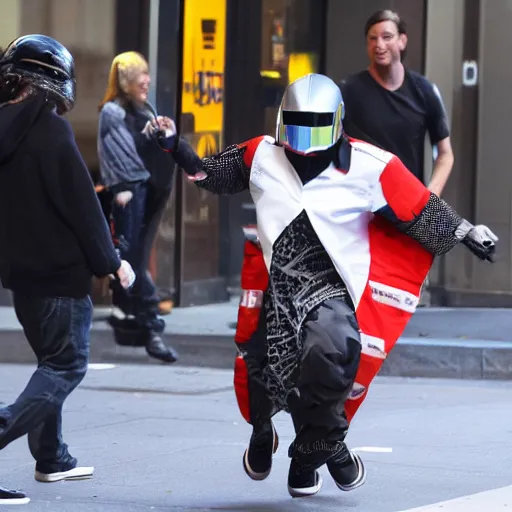 Image similar to kid rock wearing a daft punk helmet running after an ambulance in downtown new york city