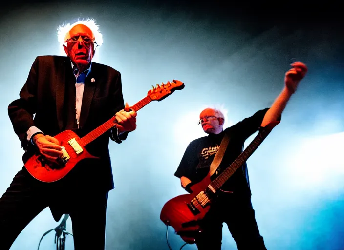 Image similar to publicity photo still of bernie sanders in a death metal band playing live on stage, 8 k, live concert lighting, mid shot