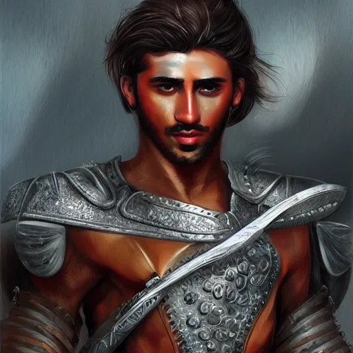 Image similar to kurdish male warrior, highly detailed, digital painting, artstation, concept art, sharp focus, illustration, incredibly strong and handsome