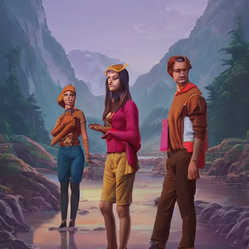 Prompt: a beautiful scenic painting of a group of adventurers by artgerm and wlop and wes anderson and spike jonze