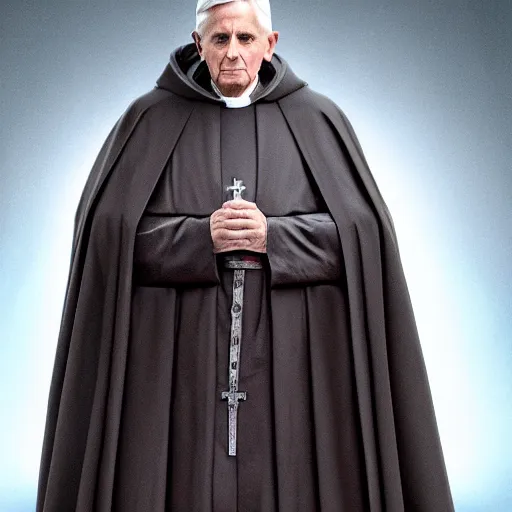 Image similar to pope benedict wearing sith cloak as chancelor palpatine in star wars episode 3, 8 k resolution, cinematic lighting, anatomically correct