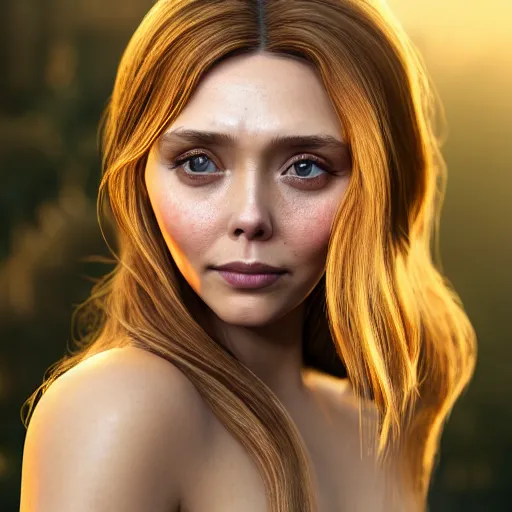 Prompt: nymph render of a very beautiful 3d elizabeth olsen, long hair, hazel eyes, cute freckles, full round face, short smile, cute sundress, golden hour, serene studio setting, medium shot, mid-shot, highly detailed, trending on Artstation, Unreal Engine 4k