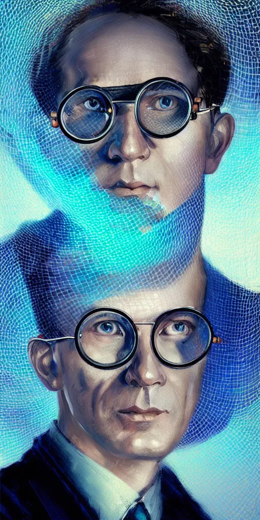 Prompt: portrait of erwin schrodinger with circle glasses and abstract mesh of glowing waves in the background - art, by wlop, james jean, victo ngai! muted colors, very detailed, art fantasy by craig mullins, thomas kinkade cfg _ scale 8