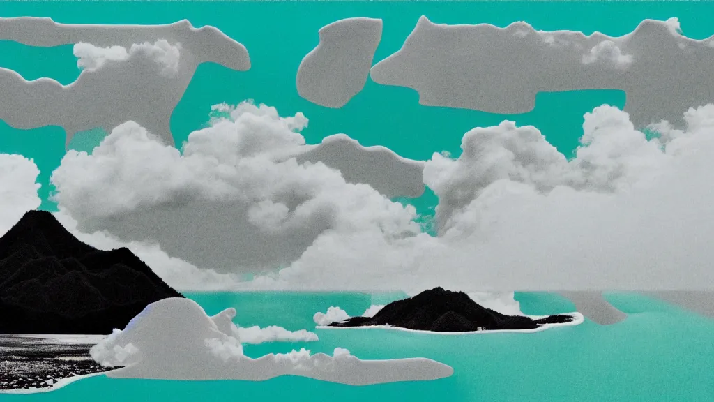 Image similar to dramatic landscape of amami oshima, japan, a collage painting, in the style of wes anderson, lola dupre, david hockney, isolated on negative white space background dark monochrome neon fluorescent spraypaint accents volumetric octane render