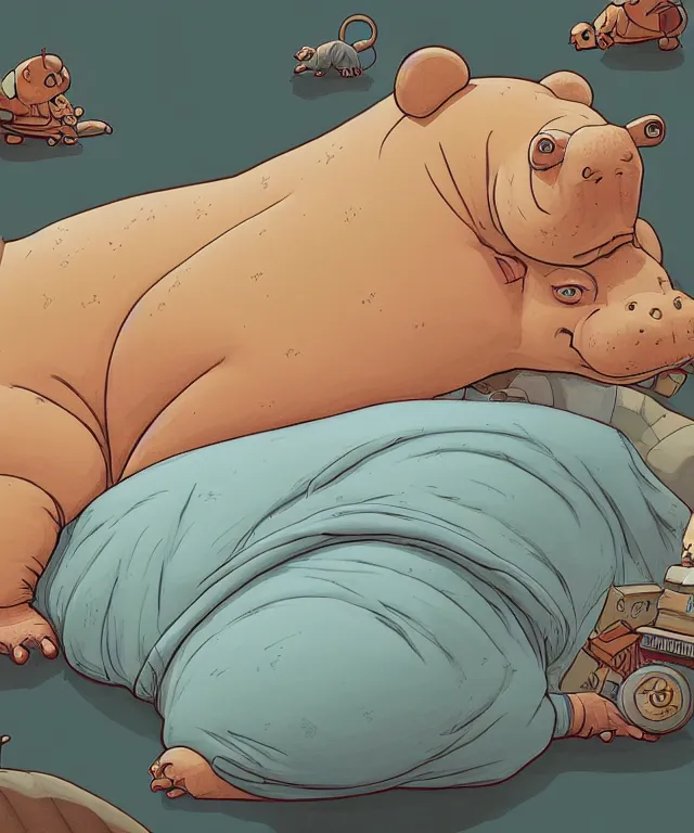 Image similar to hippo lying in bed, half covered blanket, centered composition, digital painting, artstation, concept art, kids book illustration, sharp focus, octane render, illustration, art by geof darrow,