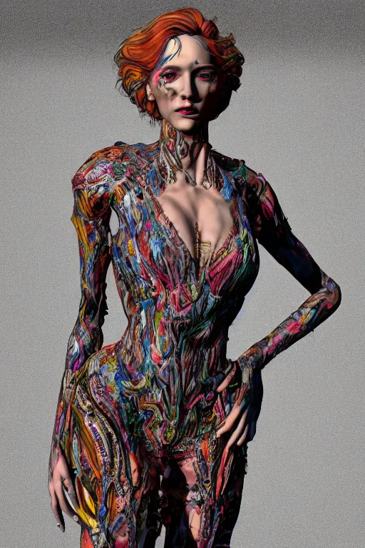 Image similar to hyper-realisti ultra-detailed maximalist and dramatic fullbody female portrait by andrei riabovitchev inspired by igor goryunov. Overpainted by binx.ly 8k realistic. Generative art. Tools used: Blender Cinema4d Houdini3d zbrush. Unreal engine 5 Cinematic. Beautifully lit. No background. artstation. Deviantart. CGsociety.