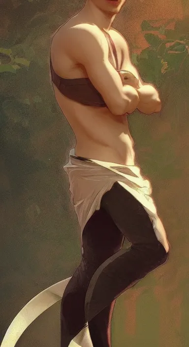 Image similar to Full body portrait of a cute catboy in his twenties. Award-winning digital art, trending on ArtStation. Art by Greg Rutkowski and Alphonse Mucha