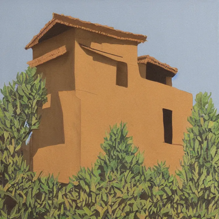 Image similar to a building in a serene landscape, tribal painting