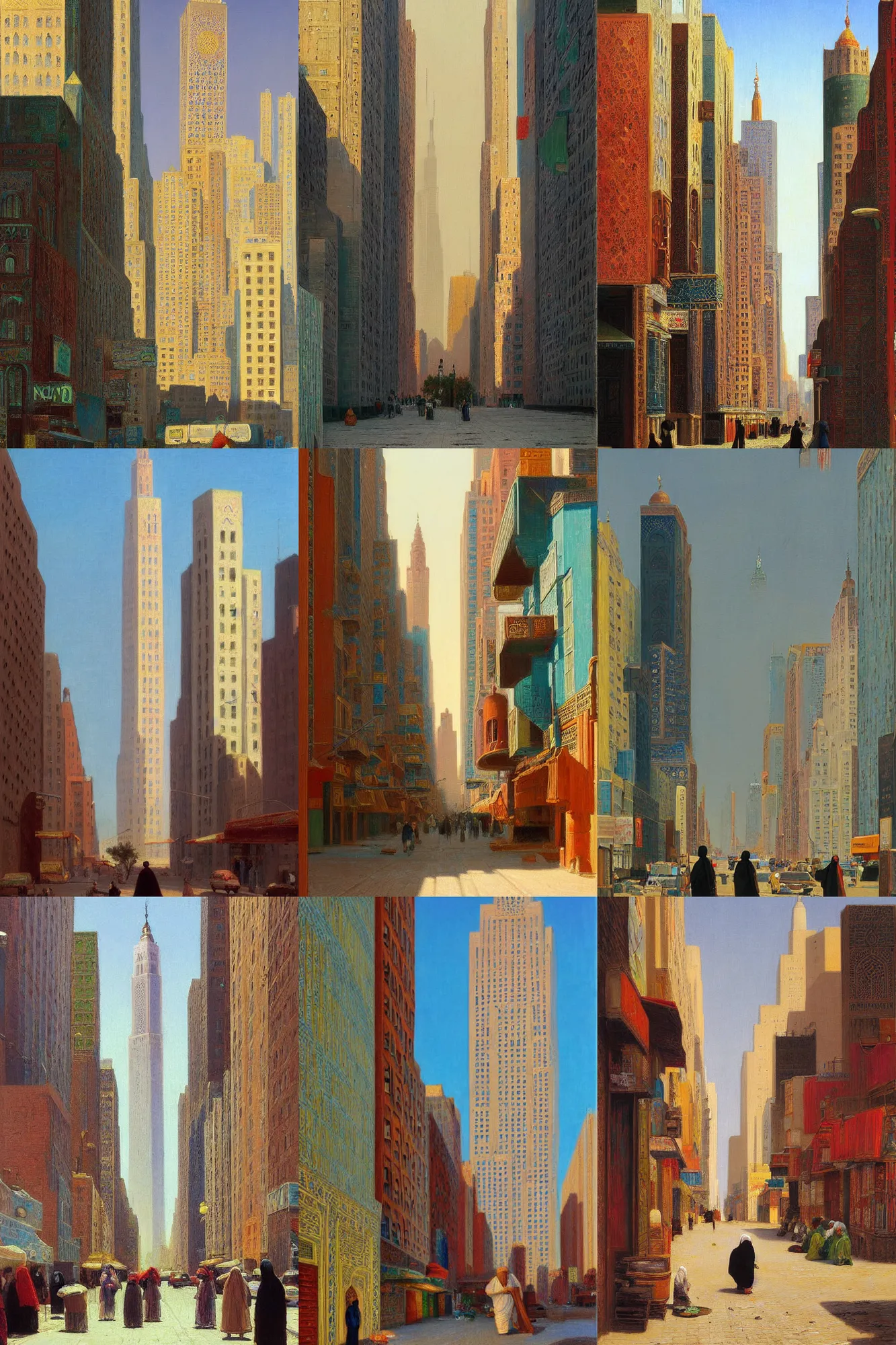 Prompt: moroccan new york city street, summer 2016, mosque, skyscraper, Jean-Leon Gerome