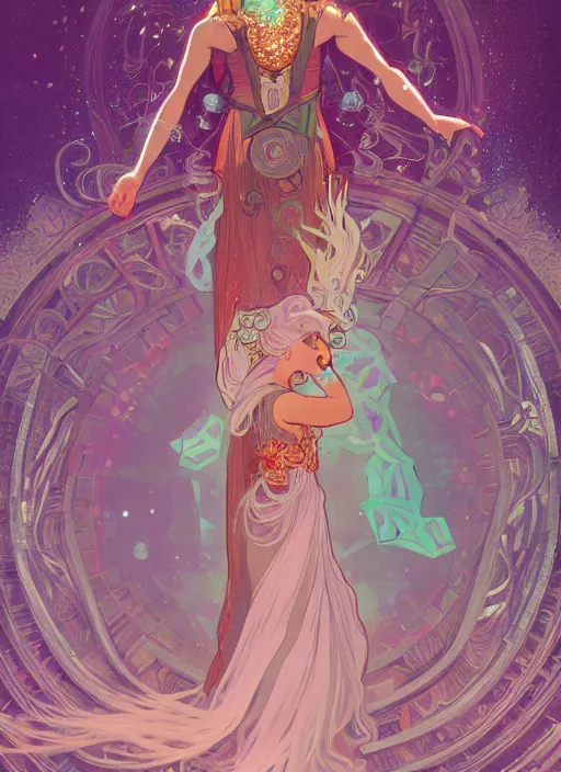 Image similar to a levitating magician surrounded by spirals of sparkling crystal, diamond and rose quartz, full body view, beautiful high quality realistic fantasy art but its hyper light drifter, trending on artstation by alphonse mucha, surrealism