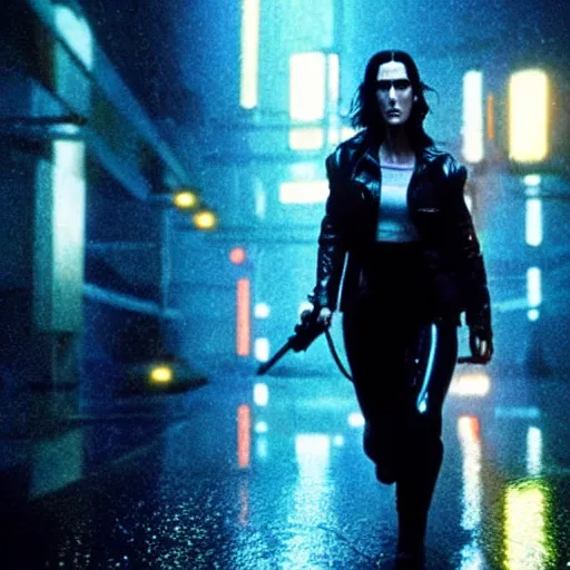 Prompt: jennifer connelly starring in a cyberpunk movie in a distopic futuristic city in the style of bladerunner, firing a gun, muzzle flash, movie still, highly detailed, rainy night, volumetric lights, dramatic, scifi, sharp focus