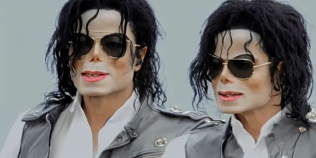 Prompt: michael jackson 2 0 0 9 wearing shades, this is it style, photo real, pores, motion blur, solo dancing with soldiers for music video, by himself, real life, spotted, ultra realistic face, accurate, 4 k, movie still, uhd, sharp, detailed, cinematic, render, modern