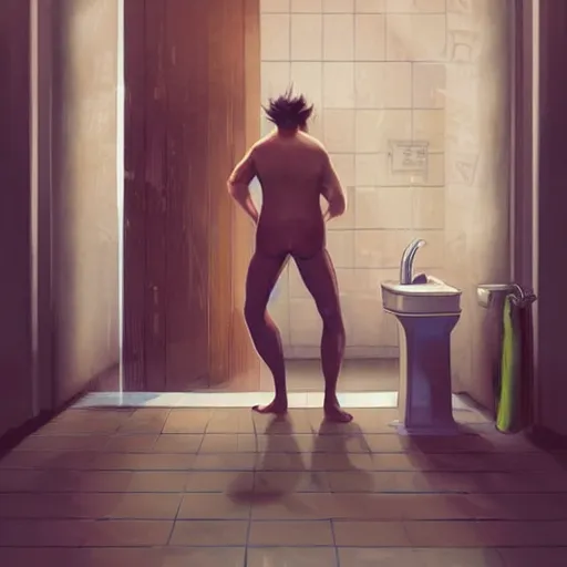 Prompt: a beautiful cute german guy with very long chestnut! hair, with glasses and goatee, attending a swimming looking at the girl bathroom door sign, digital painting, concept art, matte, artgerma and greg rutkowski