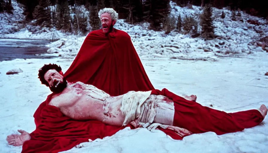 Image similar to 1 9 6 0 s movie still of marcus aurelius frozen to death under the snow by the side of a river in a red toga with a tired marked face, pine forests, cinestill 8 0 0 t 3 5 mm, high quality, heavy grain, high detail, texture, dramatic light, anamorphic, hyperrealistic, detailed hair, foggy