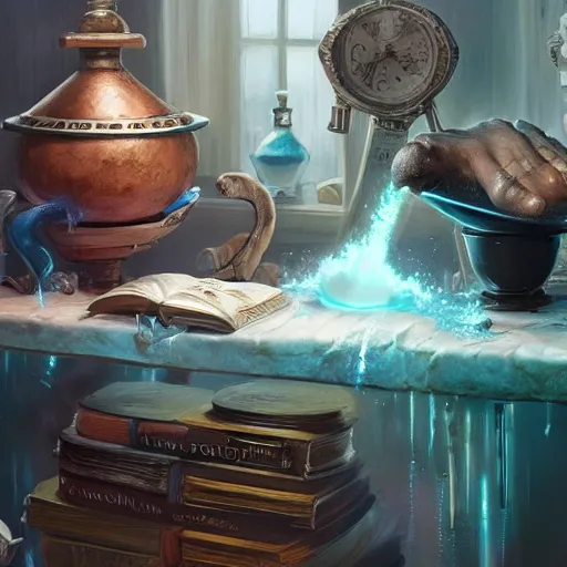 Image similar to hyper real, table, wizards laboratory, lisa parker, greg rutkowski, mortar, pestle, scales with magic powder, energy flowing, magic book, beakers of colored liquid, tony sart