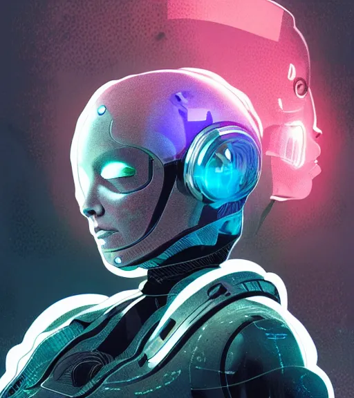 Image similar to cyborg woman with a hologram for a head, techwear, dead space, visible face, Industrial Scifi, detailed illustration, character portrait, by Martin Grip and Moebius