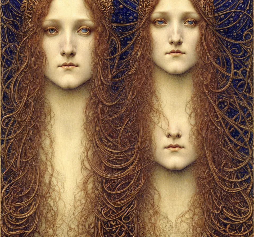 Image similar to detailed realistic beautiful young medieval queen face portrait by jean delville, gustave dore and marco mazzoni, art nouveau, symbolist, visionary, gothic, pre - raphaelite. horizontal symmetry