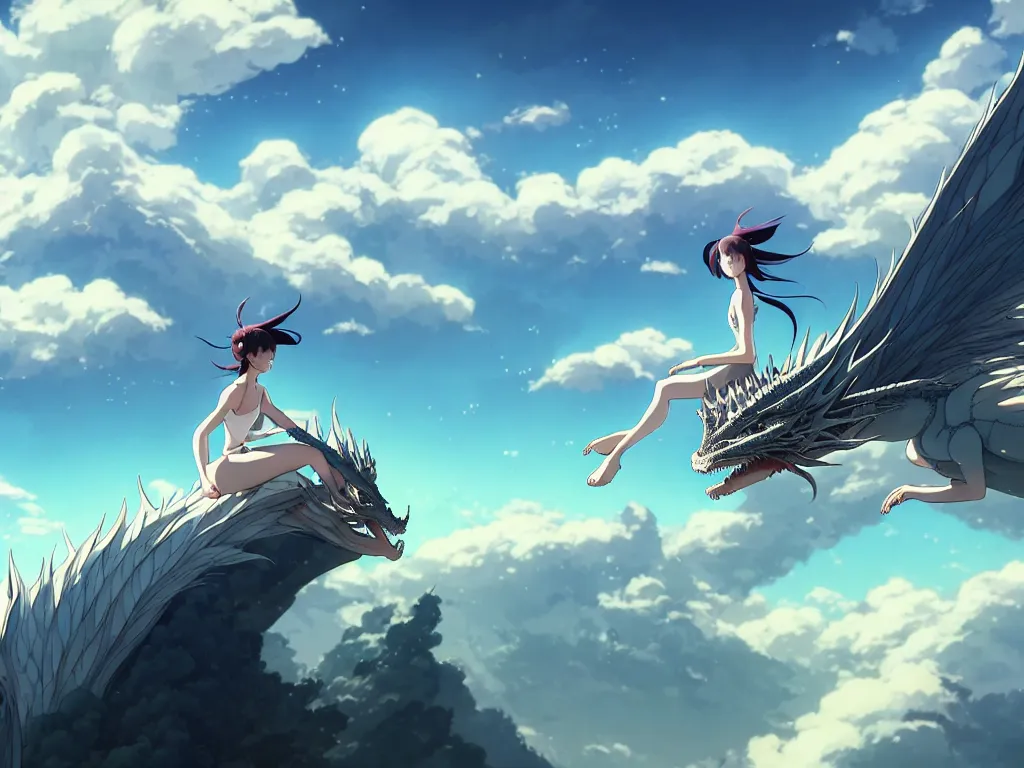 Image similar to a vast scene, panorama distant view, hyper detailed scene render of a beautiful girl sit on a huge silver dragon back, in the white clouds fairyland, animation portrait concept art, style of makoto shinkai, xision, james jean and peter mohrbacher, studio ghibli, artgerm, karol bak, beeple, 4 k hd, animation style