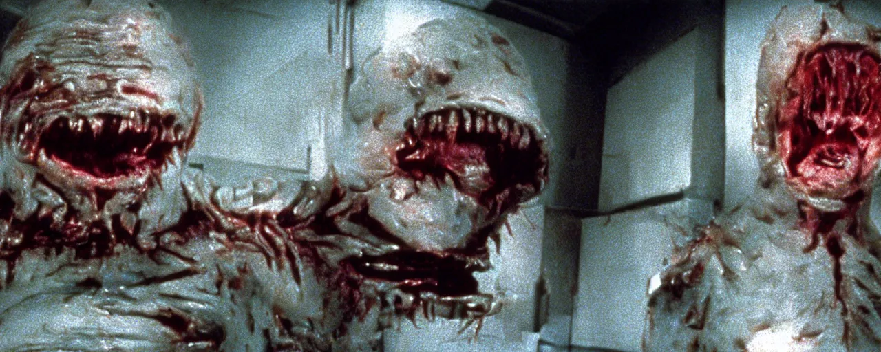 Image similar to filmic extreme wide shot movie still 4k UHD interior 35mm film color photograph of a a detached snarling distorted deformed human head protruding out of a mutated abstract shape shifting organism made of human internal organs, in the style of a horror film The Thing 1982