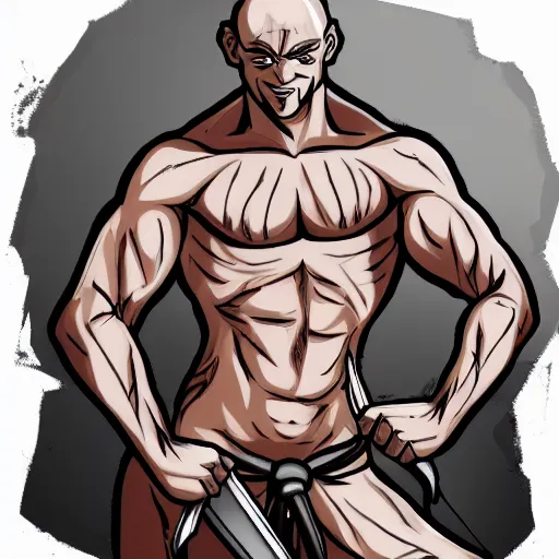 Image similar to muscular bald man, tattooed body, sword in hands, HD, anime style,