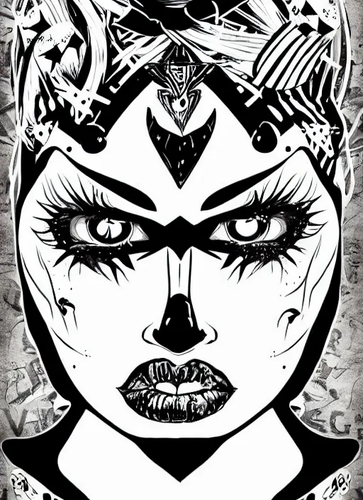 Prompt: witch burlesque psychobilly punk, detailed face, white background, drawing, illustration