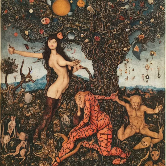 Image similar to a wide landscape with a tattood succubus with animal stripes and antlers transforming into a tree while the stars look like flowers by jan van eyck, ernst fuchs, nicholas kalmakoff, joep hommerson, character, full body, catsuit, max ernst, hans holbein, lace