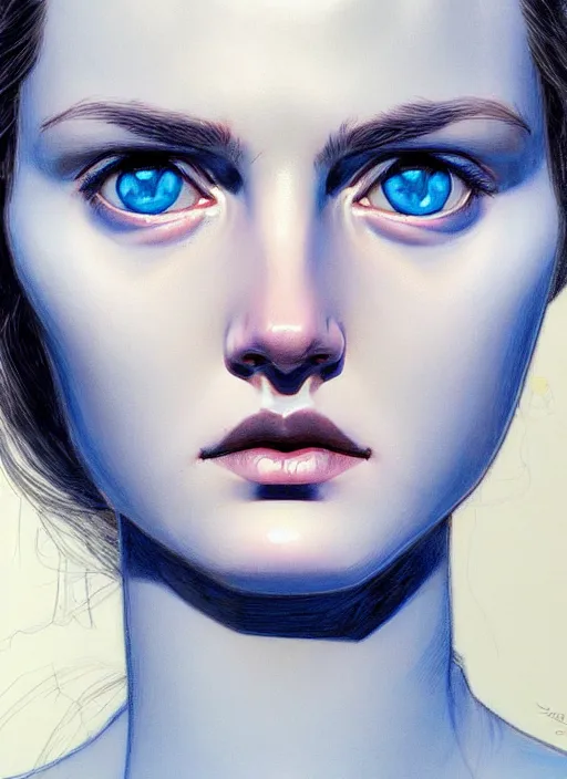 Image similar to a close up on the face of a beautiful woman in a future space suit; highly detailed; pretty blue eyes; pupils; artwork by james jean and Phil noto