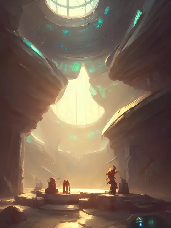 Image similar to sci fi environment concept art featuring a shield enchanted with energy, weapon shop interior, legendary item, shelf, fantasy, trending on artstation, stylistic, brush strokes, oil, canvas, by kawacy and makoto shinkai