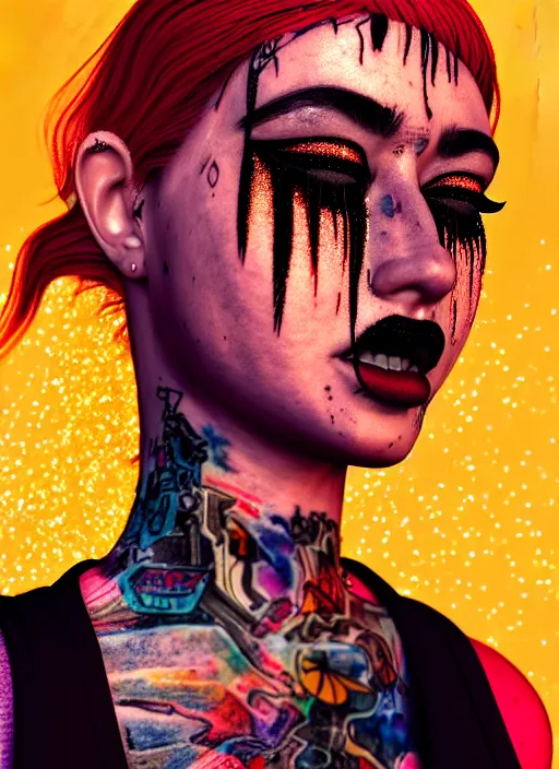 Prompt: digital painting of a streetwear woman wearing thick mascara, crying, a city burns in the background, police lights, distress, tattoos, dark glitter, Cinestill 50d, 4k, 8k, hd, full color, octane render, trending on artstation, highly detailed