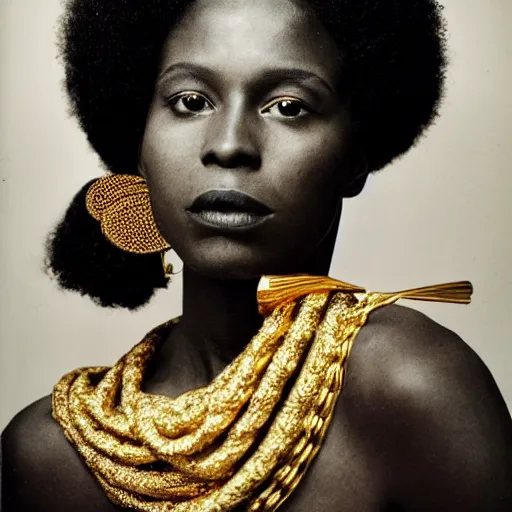 Image similar to portrait of an afro woman with gold clothings and jewelry photographed by irving penn