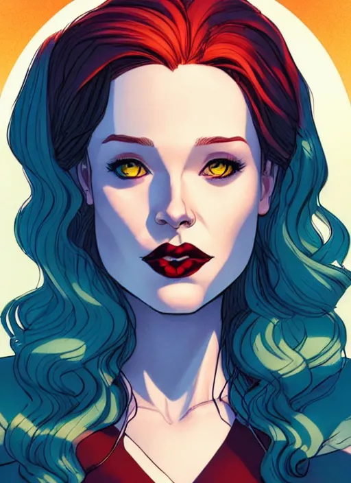 Image similar to Rafeal Albuquerque comic art, Joshua Middleton comic art, cinematics lighting, sunset colors, pretty female Madelaine Petsch Rogue x-men marvel, big smirk, symmetrical face, symmetrical eyes, long red hair and white hair, with white streak in hair, full body, flying in the air, sunset