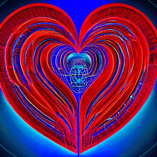 Image similar to heart of code, retouched with photoshop, edited, vivid blue and red hues, artistic, high detail