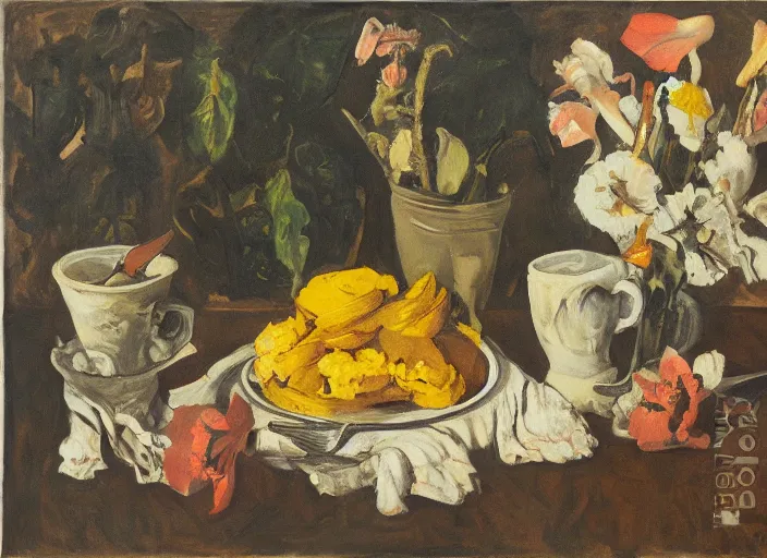 Image similar to a surreal painting of a breakfast still life, flowers, by George Baselitz, symbolist, soft colors, dramatic lighting, smooth, sharp focus, extremely detailed, aesthetically pleasing composition