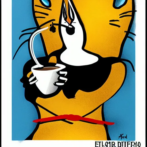 Prompt: A humanoid cat sipping coffee, vector art by Salvador Dali