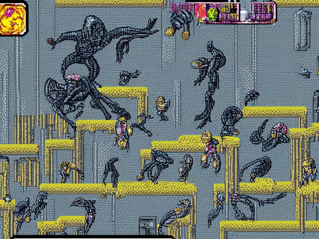 Prompt: Alien Trilogy as a Sega Mega Drive Genesis sidescroller game